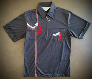 Vintage 1970s MARTINI Brand Black Half-Zip Polyester Leisure Shirt w/ Arrows Med - Picture 1 of 18