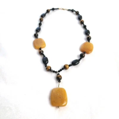 Handmade Artisan Necklace Genuine Tiger Eye Onyx Yellow 14K Gold Filled Beaded - Image 1 of 4