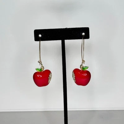 Bella Jack Dangle Drop Apple Earrings Red Enamel Rhinestone Gold Tone Teacher - Image 1 of 4