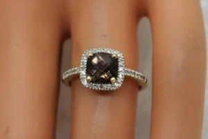 Signed EMA 14k Yellow Gold Cushion Cut SMOKY QUARTZ & DIAMOND HALO Ring size 6.5 - Picture 1 of 15