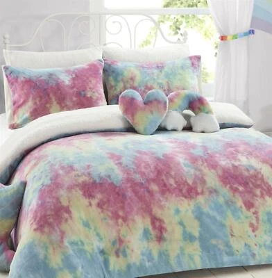 Rainbow Teddy Fleece Duvet Cover Set Super Soft Quilt Sets Childrens Bedding  - Image 1 of 3