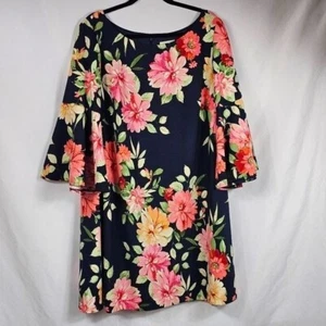 Eliza J Navy Floral Shift Dress Sz 20W Stretch Knit Bell Sleeve Boatneck Boho - Picture 1 of 7