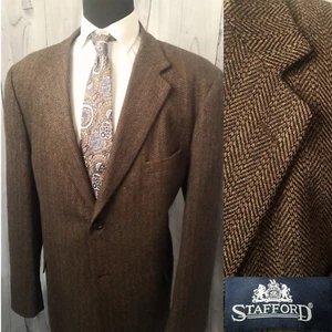 Stafford Herren 48L(50L) Lammwolle Blazer Braun Tweed Fischgrät Sport Mantel Jacke - Bild 1 von 20