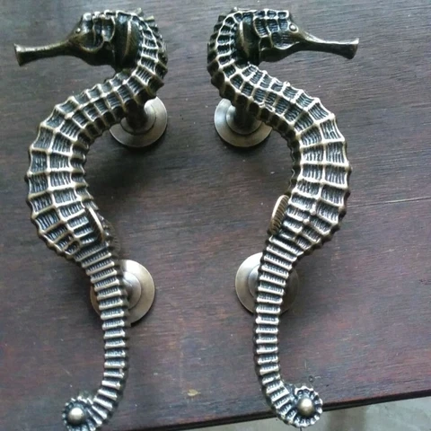 Vintage Brass Pair Seahorse Animal Front Door Pull Handles Gateway Decor Cover