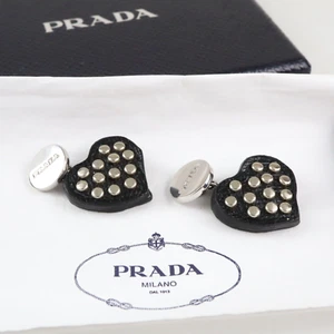 PRADA Cufflinks Heart Black Leather & Silver Studs Silver 925 Italy w/Box - Picture 1 of 11