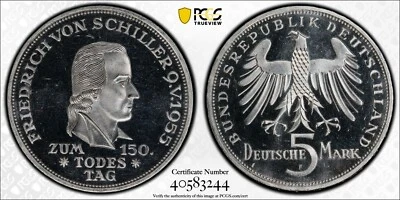 Germany 1955 F 5 Marks Schiller PCGS PF 65 DCAM S-389 Rare - Image 1 of 4