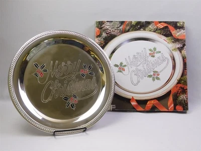 Vtg International Silver Plated Merry Christmas Etched Serving Tray 12.25" IOB - Image 1 of 4
