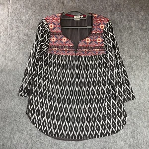 September Shirt Damen groß schwarz weiß Boho Tunika 3/4 Arm Schlitz Ausschnitt Ikat - Bild 1 von 9