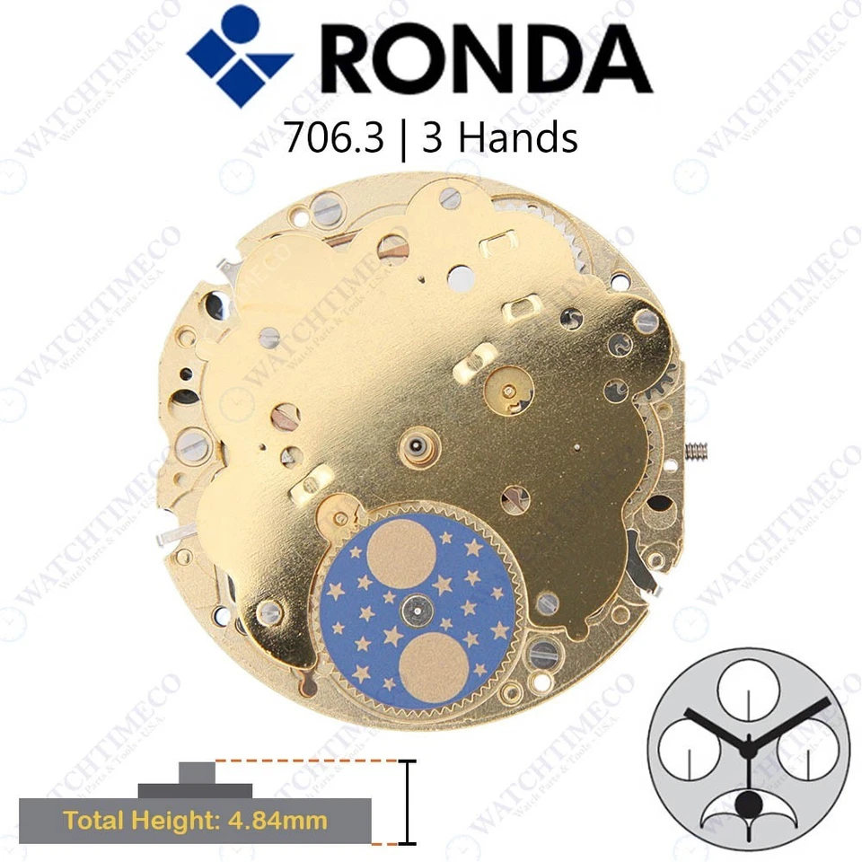 Harley Ronda 706.3 Watch Movement Swiss Parts 3 Hands Moon Phase