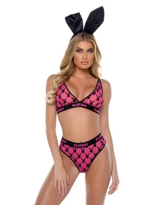 Calcinha lingerie plus size preta Playboy coelho cetim malha bralette e tanga - Imagem 1 de 4