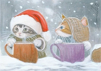 ACEO orig. pastel drawing kitten with cups, Christmas, snow by Anna Hoff Germany - Image 1 of 2