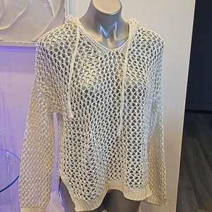 Nicole Miller Tejido Abierto Holey Sudadera con Capucha Playa Suéter Verano CREMA NUEVO Crochet M - Imagen 1 de 7