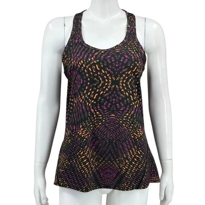 Top Fabletics para mujer grande negro púrpura estampado camiseta sin mangas malla espalda deportiva cuello redondo gimnasio Foto 1 de 4