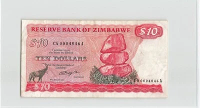 ZIMBABWE 10 Dollars 1980, P-3a* REPLACEMENT "CW", Salisbury, VF & Rare. J6 - Image 1 of 2