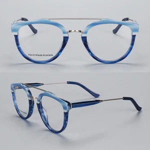 Women Retro Hand Made Tortoise Eyeglass Frames Men Full Rim Blue Round Glasses - Picture 1 of 13