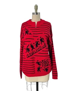 VTG 80s Jamie Scott Dancing Guys Red Black New Wave Knit Pullover Sweater SZ M - Picture 1 of 9