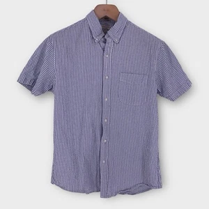 J Crew Seersucker Shirt Men's M Blue Striped Organic Cotton Short Sleeve Beach - Picture 1 of 9