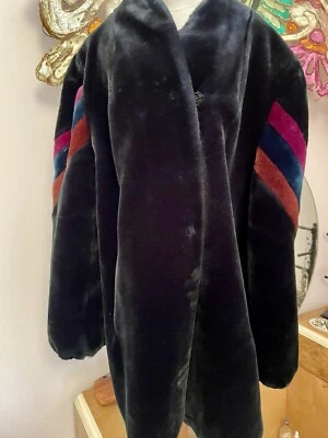 Chaqueta de peluche discoteca vintage de piel sintética negra manga a rayas Borg para mujer L Studio 54 Foto 1 de 4