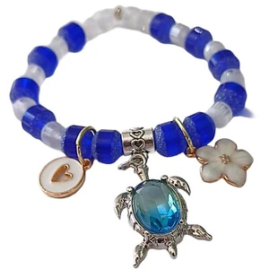 Blue and Clear Beaded Bracelet and Turtle Charm - Picture 1 of 4
