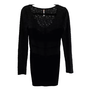 Free People Black Lace Dress SZ Medium Long Sleeve Bodycon EUC - Picture 1 of 8