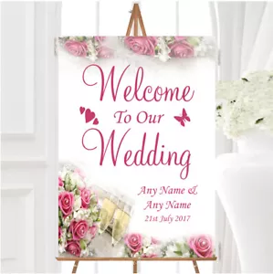 Pink Roses Pearls Champagne Personalised Any Wording Welcome To Our Wedding Sign - Picture 1 of 1