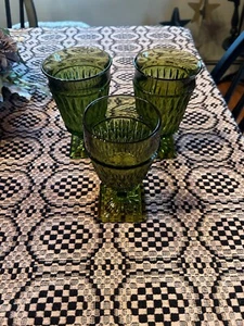 Vintage Set of 3 Goblets Green Indiana Glass Mt Vernon Wine/Water Glasses - Picture 1 of 5