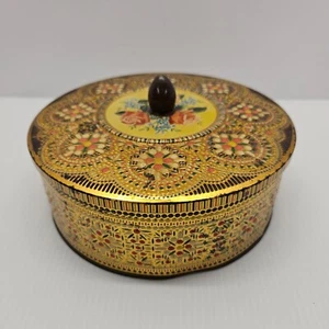 Metal Tin Embossed Mosaic Container/Sewing Storage w/Lid England Vintage - Picture 1 of 12