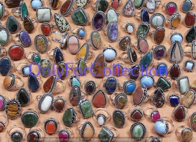 Lote especial de 10 piezas de anillos enchapados en plata de ley 925 con piedras preciosas de unakita y mezcla Foto 1 de 4