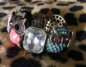BETSEY JOHNSON rhinestone enamel OWL stretch BRACELET statement piece - Picture 1 of 9