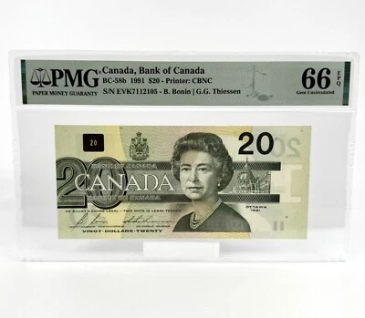 1991 $20 Bank of Canada, ERROR NOTE - Out of Register Printing - PMG UNC66 EPQ - Imagem 1 de 2