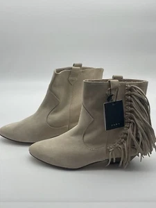 ZARA Basic Lt.Beige Nude Suede Leather Fringed PullOn Ankle Boots 8/38 New - Picture 1 of 10