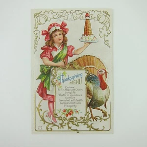 Erntedank Postkarte Wild Turkey Girl Koch Dessert Pudding geprägt antik - Bild 1 von 12