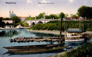 AK MAGDEBURG Zollbrücke und Hafen, Meyers Ruderboote 1915 Feldpost - Bild 1 von 1