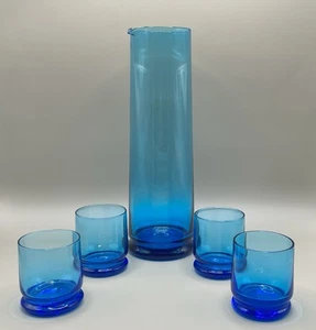 Vintage Anchor Hocking MCM Art Glass Cobalt Blue Cocktail Pitcher & four glasses - Picture 1 of 12