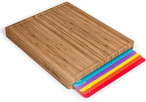 Bamboo Wood Cutting Board Set, Bamboo with 6 Color Coded Flexible Plastic Cho... - Picture 1 of 7