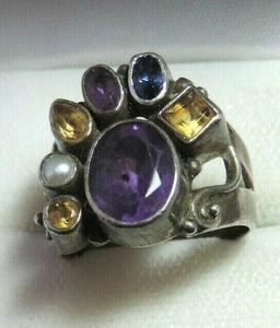 Vintage Ametista Topazio Blu Perla Grappolo Ferro Anello Argento Sterling CG 59 - Foto 1 di 8