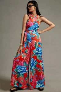 Farm Rio Orange Blue Colorful Floral Sleeveless Halter Jumpsuit Resortwear LG - Picture 1 of 11