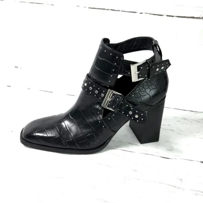 Zara Shoes Women’s 42 US 11 Black Booties Cut Out Studded Block Heel Croc Print - Image 1 of 4