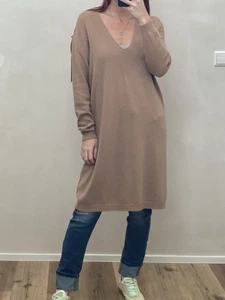 Strickkleid Kleid Midi Pullover Kleid V-Ausschnitt Camel Onesize (N2) H - Bild 1 von 4