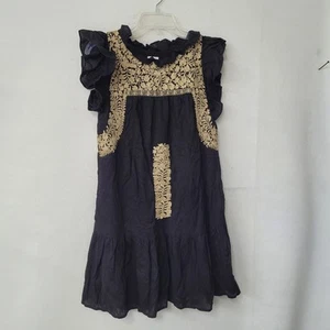 J Marie Kleid Damen XS schwarz gold bestickt Boho Rüschenärmel gefüttert Blumen - Bild 1 von 11