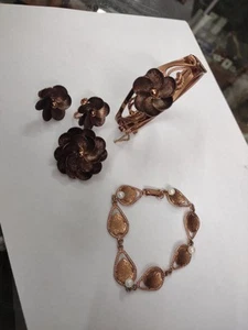 Vintage Set MCM Modernist Floral Kupfer Scharnier Armband mit Brosche und Clip On - Bild 1 von 4