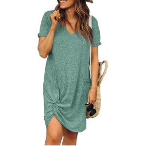 ⭐⭐⭐ T-shirt donna abito estivo moda manica corta scollo a V casual verde prendisole - Foto 1 di 1