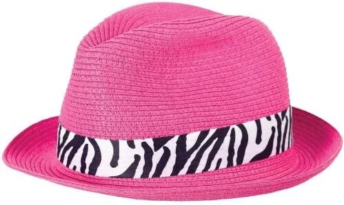 Sombrero Fedora Tejido Paja Rosa con Banda de Cebra Luau Playa Tema Disfraz Accesorio Foto 1 de 1