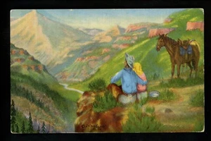 Artist Signed postcard L.H. Dude Larson Western horse cowboy linen - Picture 1 of 2