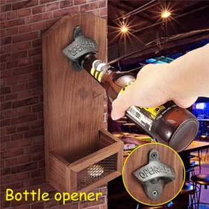 Vintage Wooden Stainless Steel Wall Mounted Bottle Opener Beer Bar Decors -· - Picture 1 of 10