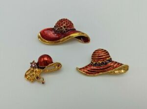 Lot 3 Gold Tone Red Hat Society Brooches Glossy Enamel Glass Rhinestones Pink