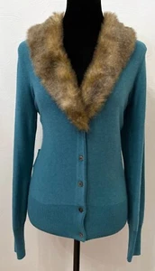 CAbi Tea Room Womens Faux Fur Collar Button Up Cardigan Medium Green Cotton  - Picture 1 of 12