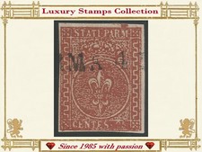 ????1853 Parma 25 c. bruno rosso, PERFETTO, Ampi margini (Sass. 8) Biondi