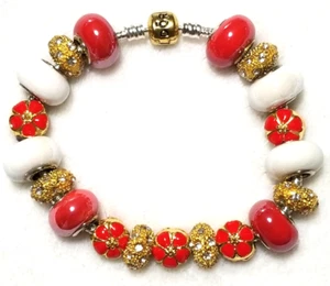 8.1" Flower Slider Charm Bracelet Murano Lampwork Glass Beads Rhinestone Spacers - Picture 1 of 5