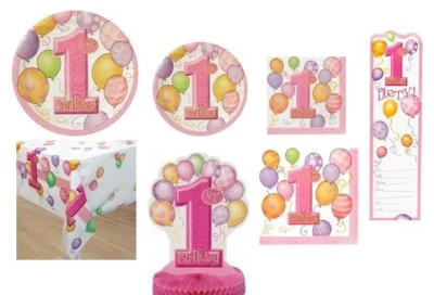 UNIQUE First Birthday 1st pink Balloon, plates, napkins, invitations, Party Supplies